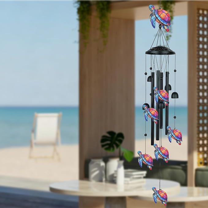 36" Sea Turtle Wind Chimes for Outside that Hum Bright, Cheerful Melodies, Aluminum Windchimes with 4 Tubes & 6 Bells, Sea Turtle Gifts for Women Mom Grandma, Patio Garden Memorial Decor