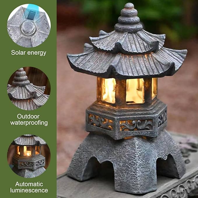 Naisicore Solar Pagoda Statues, 10.2inch Resin Japanese Pagoda Sculpture with Solar Lantern, Zen Garden Waterproof Landscape Decorative Ornament for Patio Porch Yard Art Decor (Style 1)