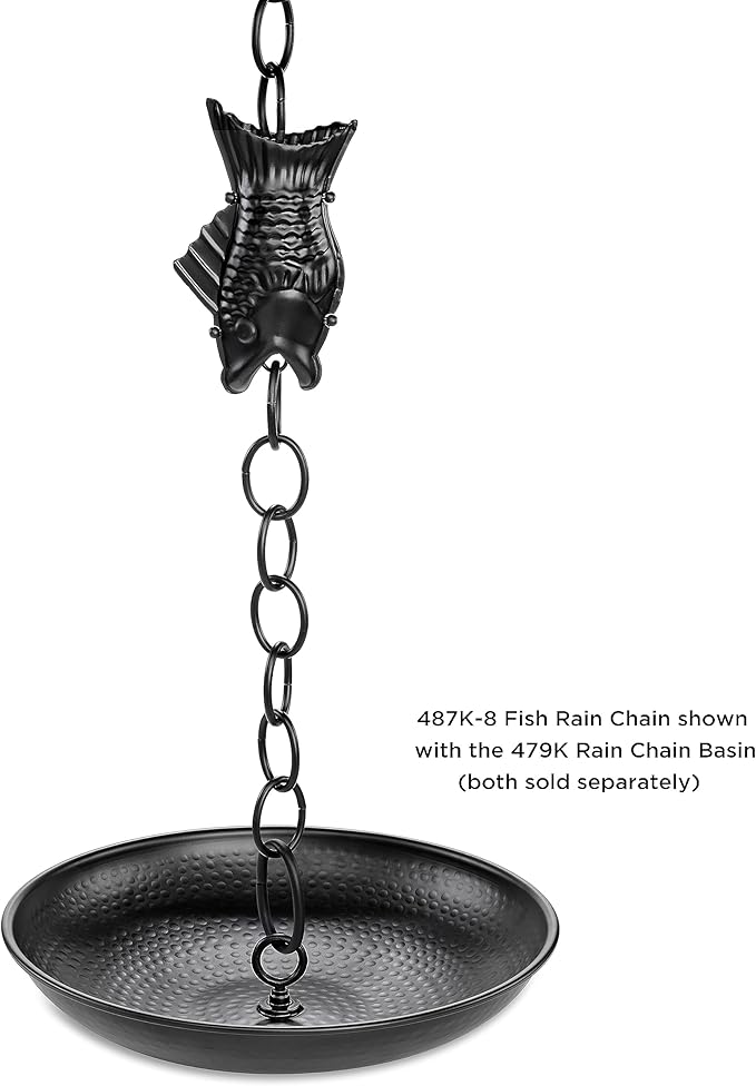 Fish Black Aluminum 8.5 ft. Rain Chain with Gutter Installation Clip by Good Directions