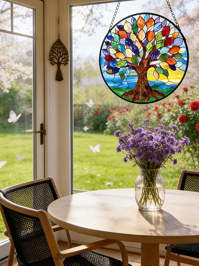 Stained Glass Window Hanging, Colorful Tree of Life Suncatcher for Door Home Decor, Glass Panel Sunrise Sun Catcher Ornament Mother's Day Birthday Gifts for Women Men Mom 6.3 in