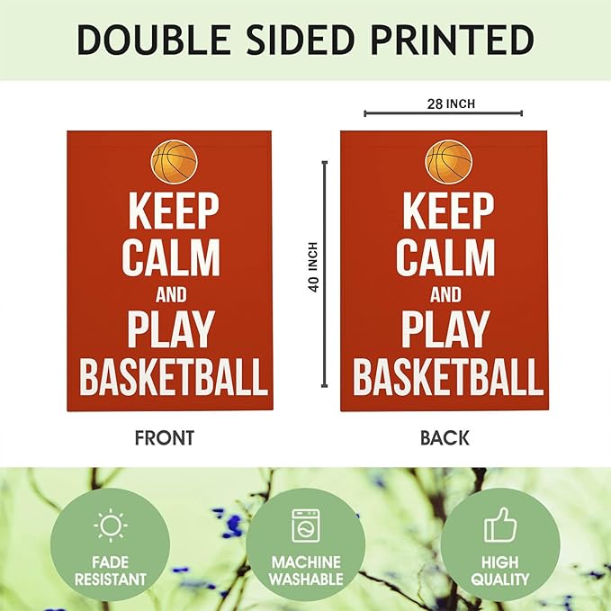Mugod Basketball House Flag 28x40 Inch Double Sided Outside, Keep Calm and Play Basketball Motivational Quote Word Party Holiday Burlap Yard Garden Outdoor Decoration