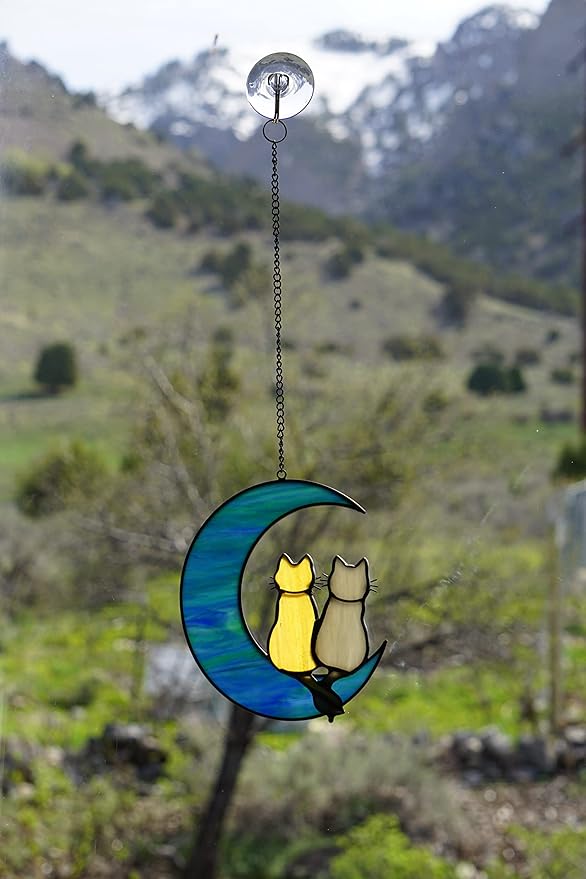 Cat Stained Glass Suncatcher – Cat on Moon Real Glass Window Hanging – Unique Modern Design Wall Art for Home or Garden Décor – Perfect Feline Lover Gift