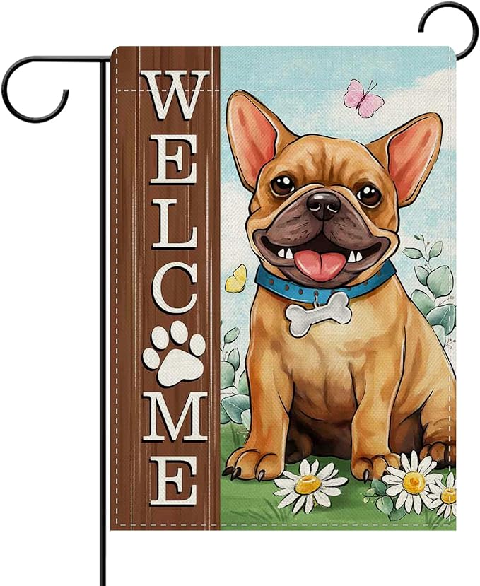 Dyrenson Welcome French Bulldog Dog Decorative Garden Flag, Paw Print Yard Outside Home Decorations Pet Lover Gifts, Spring Summer Burlap Outdoor Small Decor Double Sided 12 x 18
