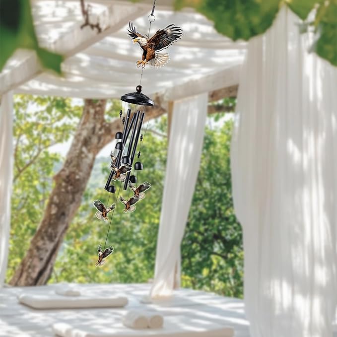 Eagle Wind Chimes for Outside, Black Metal Acrylic Windchimes Outdoors, Eagle Gifts for Women Men, Garden Yard Decor, Memorial/Birthday Gifts for Grandma Mom, Durable Chimes for Outdoors
