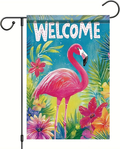 Spring Summer Garden Flag 12x18 Inch Welcome Flamingo Tropical Floral Jungle Design Outdoor Yard Porch Lawn Garden for Seasonal Coastal Farmhouse Home Decor