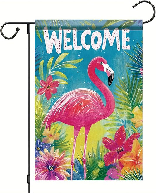 Spring Summer Garden Flag 12x18 Inch Welcome Flamingo Tropical Floral Jungle Design Outdoor Yard Porch Lawn Garden for Seasonal Coastal Farmhouse Home Decor