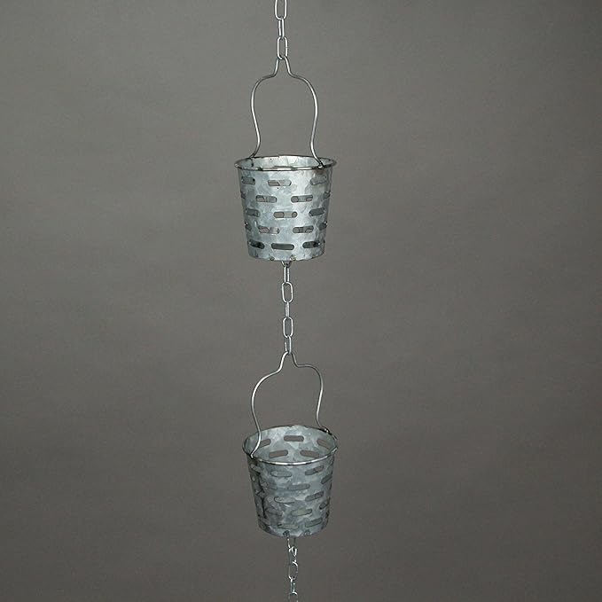 Zeckos Galvanized Grey Metal Olive Bucket Pail Style Rain Chain Gutter Downspout Accent, 74 Inches Long - Easy Install - Adding Rustic Charm to Your Outdoor Décor