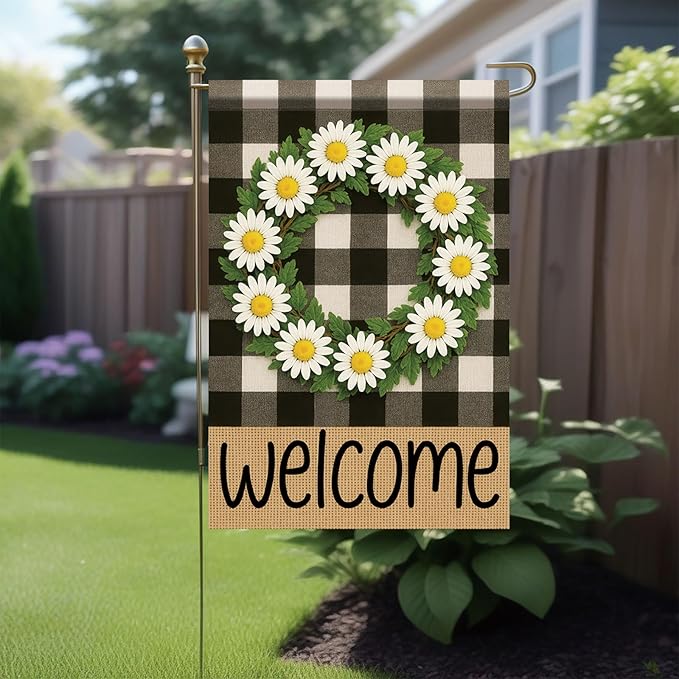 Buffalo Plaid Welcome Wreath Garden Flag 12x18 Double Sided Daisy Flower Flag Rustic Spring Summer Decor for Porch Patio Lawn Farmhouse Seasonal Small Yard Farmhouse Holiday Outdoor