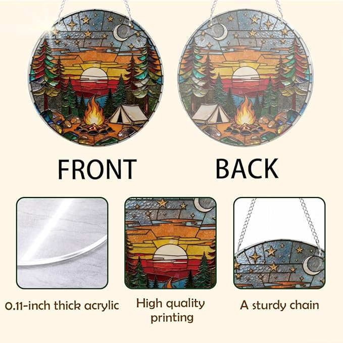 Camping Life Acrylic Suncatcher, Christmas Tree Decor Ornaments, Window Hanging Nature Round Sun Catcher, Forest Window Wall Art for Home Office Decoration, Gift for Camping Lover