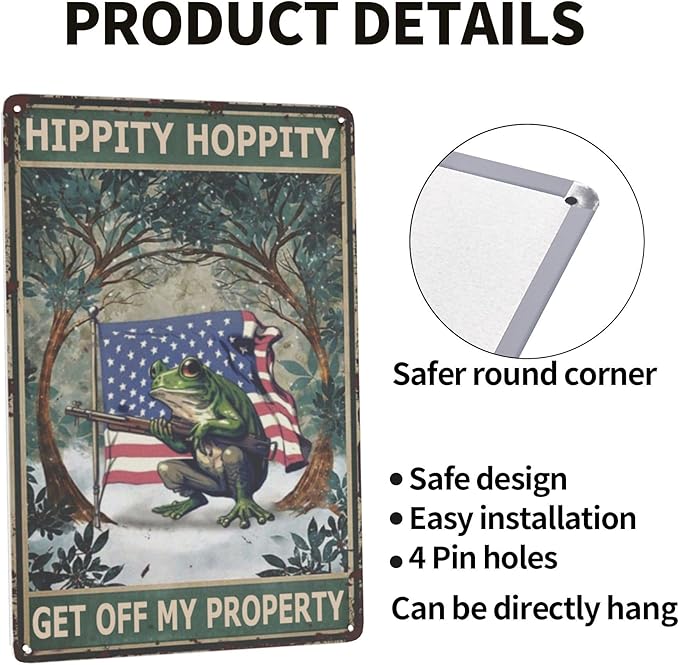 Vintage Metal Frog Door Sign - American Flag Design - Funny & Retro Room Decor - 8x12 Inch Tin Plate - for Garden, Home & Bedroom - 'Hippity Hoppity, Get Off My Property' No Trespassing Banner