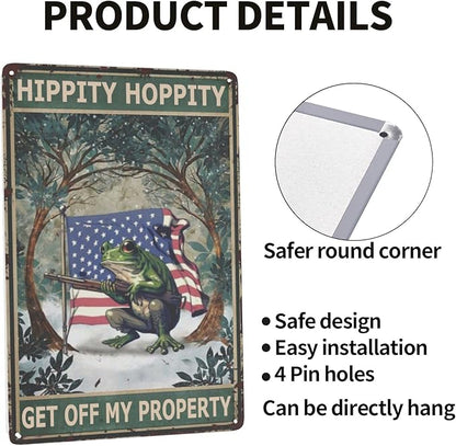 Vintage Metal Frog Door Sign - American Flag Design - Funny & Retro Room Decor - 8x12 Inch Tin Plate - for Garden, Home & Bedroom - 'Hippity Hoppity, Get Off My Property' No Trespassing Banner