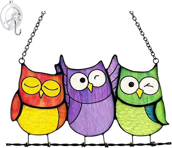 Owls Stained Glass Suncatcher, Handmade Colorful Window Hanging Sun Catcher Ornament for Home & Garden, Gift for Bird Lovers Mothers & Women