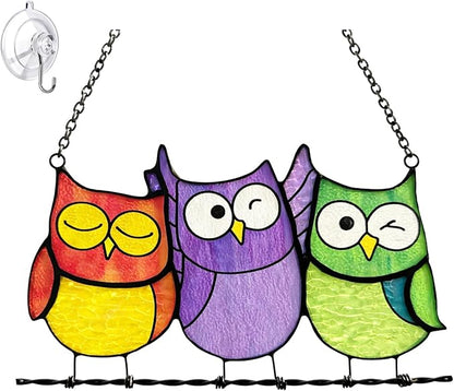 Owls Stained Glass Suncatcher, Handmade Colorful Window Hanging Sun Catcher Ornament for Home & Garden, Gift for Bird Lovers Mothers & Women