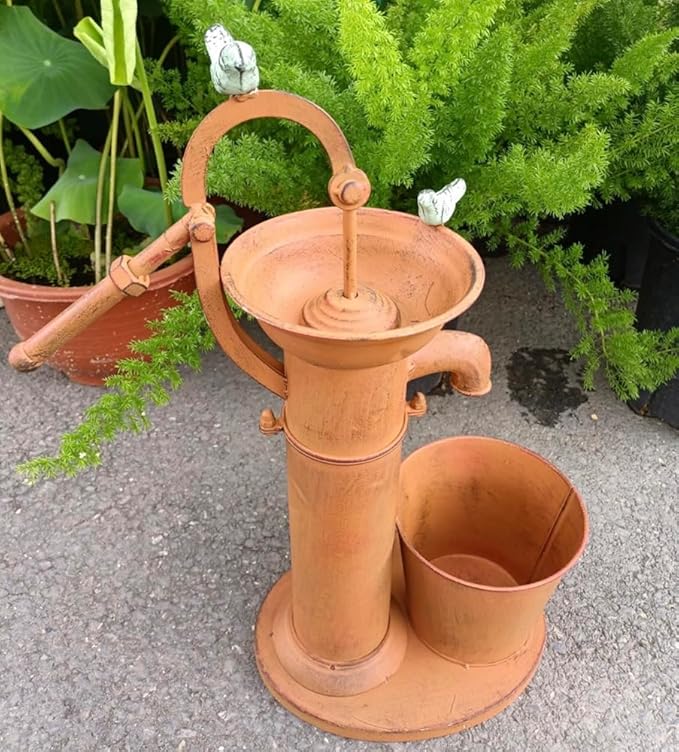 Vintage Garden Water Pump Decor, Rustic Wrought Iron Bird Bath, Red, Blue, White, Rust, Outdoor Yard Decor, Height 22 Inches (Rust)