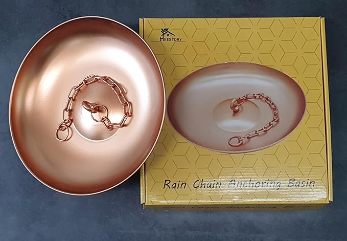 Copper Colored 11" Dia Iron Anchoring Basin with 17" Chain for Rain Chains, Rust-Resistant Plated Iron, Decorative Fountain Dish for Outdoor Garden, Lawn & Patio Water Features