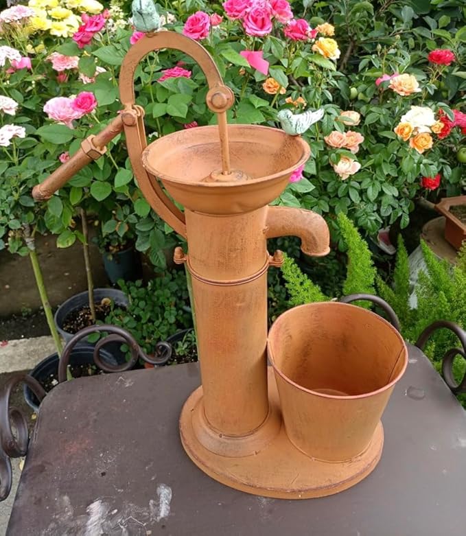 Vintage Garden Water Pump Decor, Rustic Wrought Iron Bird Bath, Red, Blue, White, Rust, Outdoor Yard Decor, Height 22 Inches (Rust)