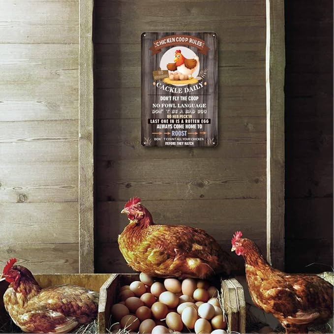 Funny Chicken Coop Signs for Outside - Metal Chicken Signs for Coop, Chicken Coop Rule Sign for Chicken Wall Yard, Farmhouse Fence Wall Deocr Accessories, Chicken Gifts for Women, 8 x 12 inch