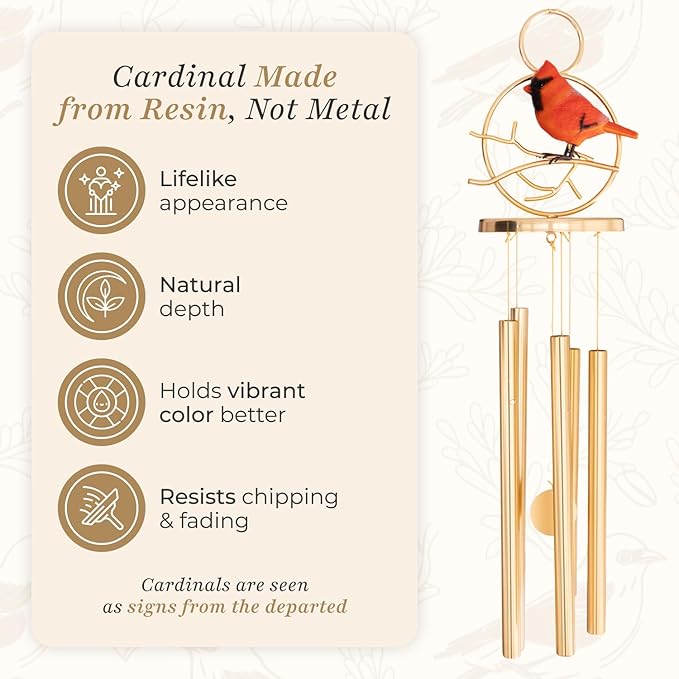 Cardinal Wind Chimes for Outside – Wind Chimes for Loss of Loved One - Sympathy Gift for Loss of Mom, Dad, Husband, Child, Grandparent, Other Loved Ones