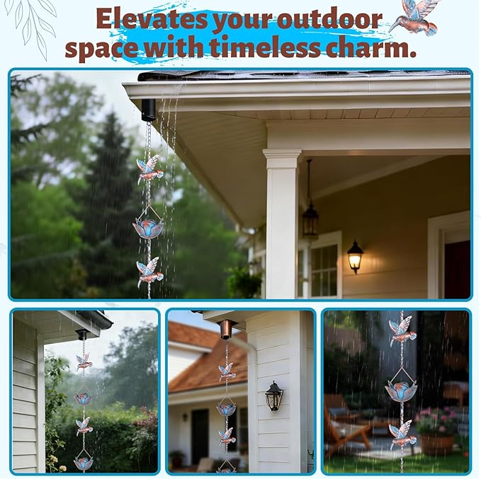 9.2ft Rain Chains for Gutters Outside,Rain Catcher Chain with 6 Lotus Rain Metal Cups & 7 Hummingbird Decor,Adjustable Rain Catcher Chain Replacement Downspout for Gutters,Drainage & Eaves