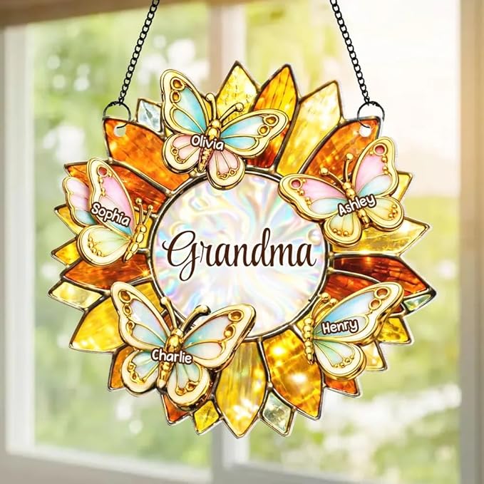 Personalized Grandma Mom Sunflower Butterfly Acrylic Sun Catcher Ornament, Custom Grandma Gifts for Mothers Day, Nana Gift from Grandkids, Custom Family Window Hanging Home Decor