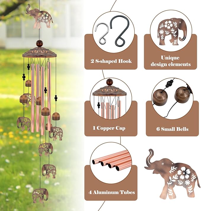 Elephant Wind Chimes for Outside, Elephant Gifts for Women/Mom/Grandma Birthday Gifts,Memorial Gift,Soothing Bass Tones Outdoor Metal WindChimes for Home, Lawn, Porch, Patio, Garden,Yard Decor(35")