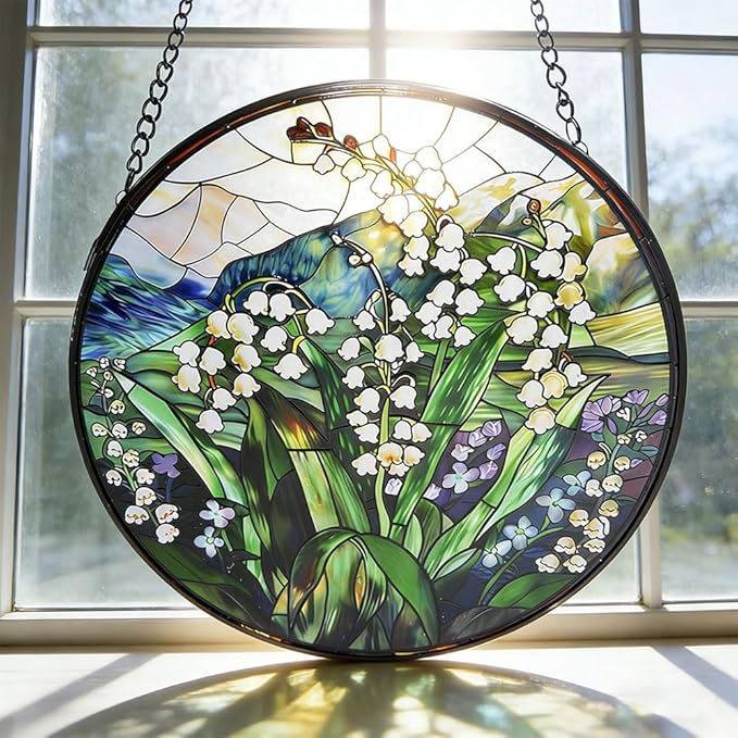 Stained GlassLily of the Valley Suncatcher with Flowers and Green Leaves Window Hanging for Door Home Decor for Bird Lover Garden Gift for Valentine's Day Mother's Day Housewarming 7.8 in