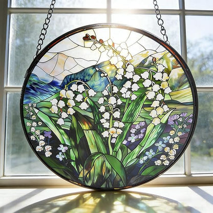 Stained GlassLily of the Valley Suncatcher with Flowers and Green Leaves Window Hanging for Door Home Decor for Bird Lover Garden Gift for Valentine's Day Mother's Day Housewarming 7.8 in