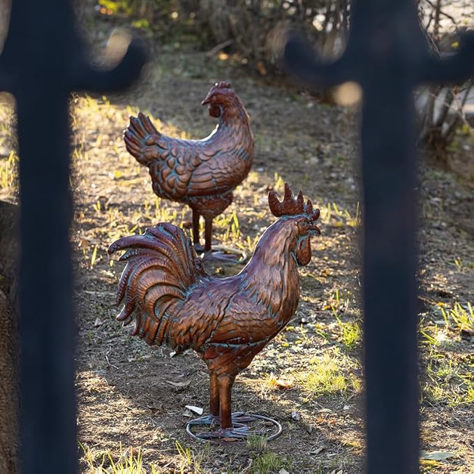 Metal Chicken Decor for Yard and Garden Large Rooster & Hen Garden Statues & Sculptures Antique Copper Outdoor Chickens Yard Art for Backyard Patio Lawn Home Kitchen Farmhouse Decorations