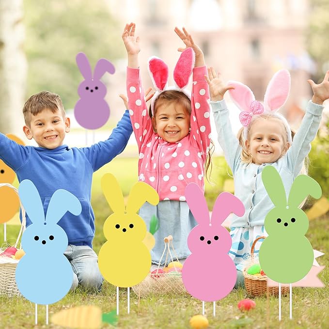 Whaline 12Pcs Easter Bunny Yard Sign with 24Pcs Stakes Fishing Line Colorful Bunny Hanging Ornament Cute Rabbit Lawn Sign for Spring Outdoor Lawn Pathway Walkway Tree Porch Party Garden Decorations