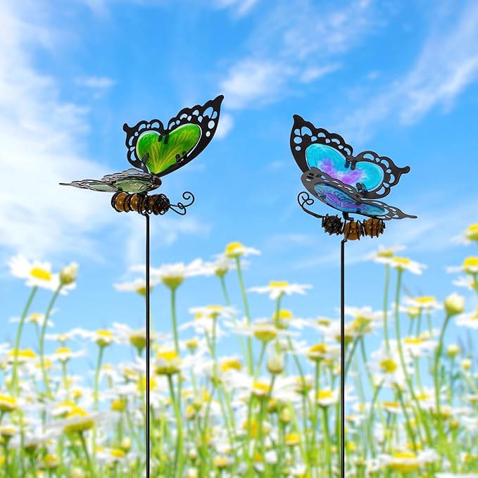 Butterfly Garden Stakes,Butterfly Kit Made of Glass and Metal,Colorful Butterflies Garden Decorations Can Make the Garden Full of Color and Vitality. (Blue and Green)