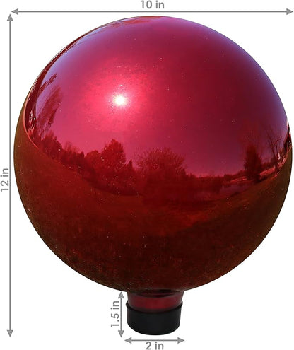Sunnydaze 10-Inch Gazing Ball for Garden - Glass Gazing Globe with Mirrored Stainless Steel Finish - Red - Set of 2