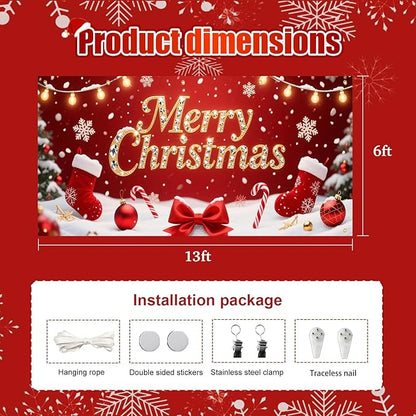 HOMETITUTE Christmas Garage Door Banner 13x6ft Merry Xmas Gold Sign Stockings Candy Bows Ornaments Snowflakes Red Backdrop Outdoor Yard Photo Background Holiday Decoration