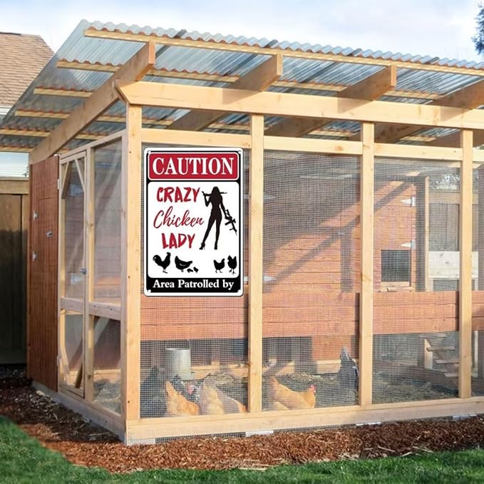 Crazy Chicken Lady Sign - Chicken Coop Signs - Area Patrolled by Chicken Lady - Funny Chicken Signs accessories for Farm Yard Fence Chicken Coop Decor 12" * 8"