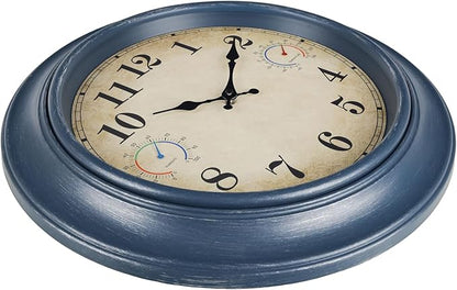 18 Inch Large Outdoor Wall Clock with Thermometer & Hygrometer, Waterproof Retro Blue Garden Clock for Patio, Pool, Backyard, Farmhouse Decor, Silent Non-Ticking
