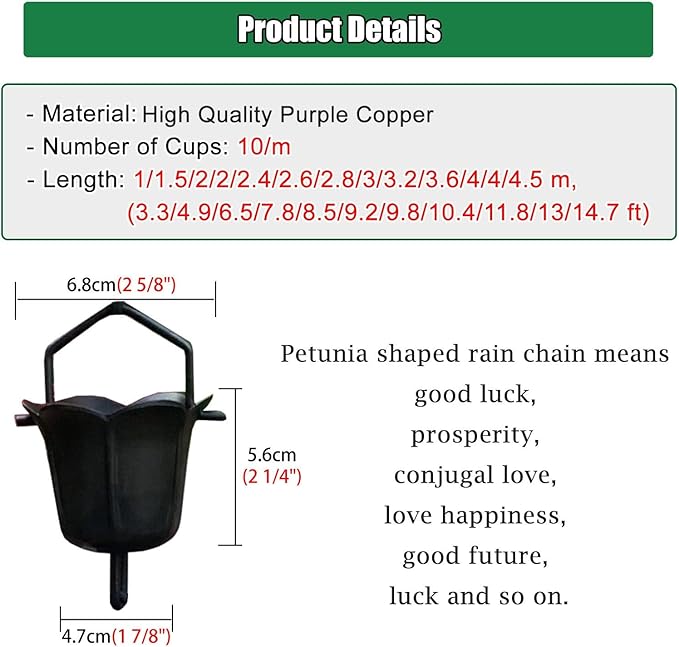 Decorative Rain Chains Waterfall, Black Copper Rain Chains for Gutters, Home Rain Decorative Rain Catcher Chain 100/200/300cm Long, Outdoor Water Feature Eaves Drainage Cups (3.2m/9.8 ft)