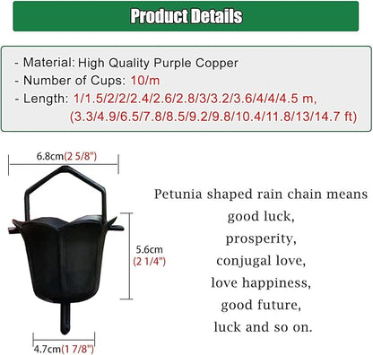 Decorative Rain Chains Waterfall, Black Copper Rain Chains for Gutters, Home Rain Decorative Rain Catcher Chain 100/200/300cm Long, Outdoor Water Feature Eaves Drainage Cups (3m/9.2ft)