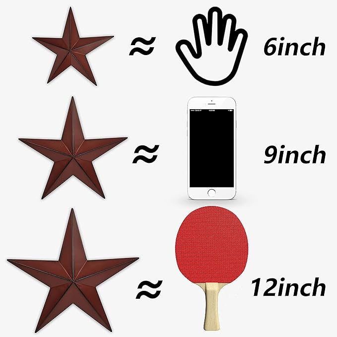 VIVICOMFY 6" 9" 12"（3pieces Red Black Barn Star Texas Stars Art-Metal Stars for Outside Rustic Vintage Western Wall Decor Country Home Farmhouse Wall Decorations