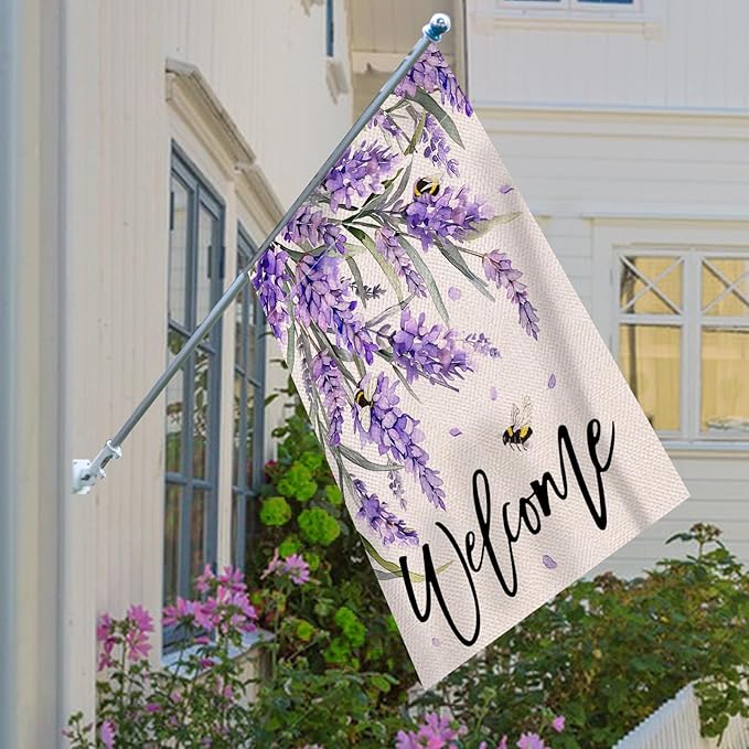 Welcome Spring Lavender Decorative House Flag, Purple Floral Flowers Bee Garden Yard Outside Decorations, Summer Farmhouse Outdoor Large Home Decor Double Sided 28 x 40