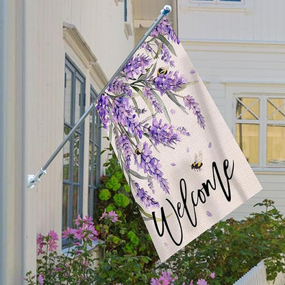 Welcome Spring Lavender Decorative House Flag, Purple Floral Flowers Bee Garden Yard Outside Decorations, Summer Farmhouse Outdoor Large Home Decor Double Sided 28 x 40