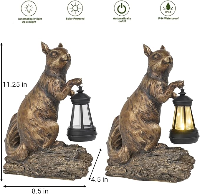 DiliComing Solar Garden Decor Outdoor Statues - Resin Cute Animal Solar Powered LED Garden Light Porcelain Squirrel Decor Yard Decorations Outdoor 8.5 * 4.5 * 11.25 Inch