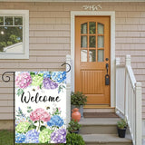 Welcome Hydrangea Garden Flag Spring Summer Colorful Floral Yard Flags Watercolor Flowers Bee Design Seasonal Porch Durable Polyester House Banners for Lawn Patio Outdoor Decor 12 x 18 Inch