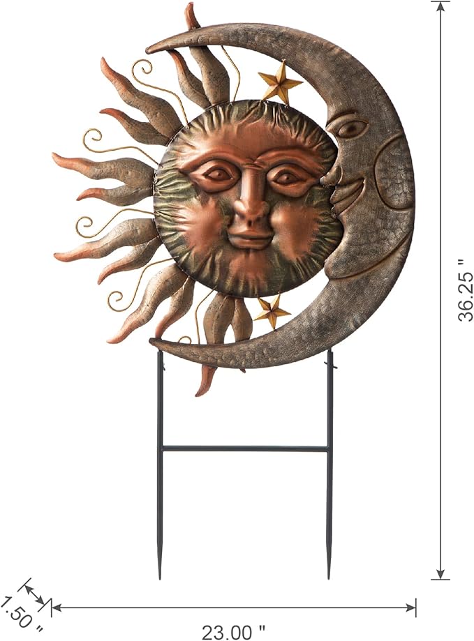 Glitzhome 36.25"H Metal Sun and Moon Yard Stake, Bronze Rustic Sun and Moon Garden Stake or Antique Wall Decor