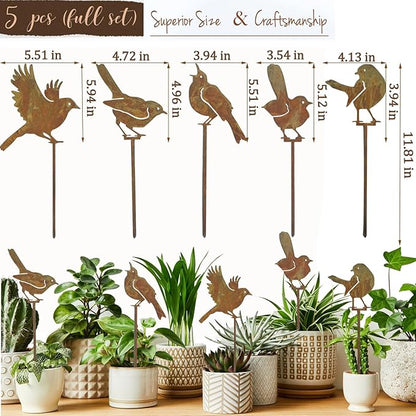 5PCS Rusty Birds Decoration Garden Stakes,Metal Birds Garden Decor for Outside,Rustic Wren Bed Decorations,Bird Lover Gifts for Women Mom Grandma Wife,Outdoor and Yard Art, Lawn Ornaments