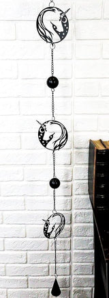 Ebros Gift Sacred Unicorn Horse with Moon and Stars Silhouette in Filigree Frame Black Coated Steel Metal Wall Hanging Wind Chime with Beads Home and Patio Decor Mobile Noisemaker