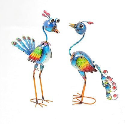 22.5" Metal Peacock Garden Statues Set of 2, Whimsical Hand-Painted Cartoon Birds, Blue & Rainbow Yard Art for Patio Lawn, Indoor Shelf Decor, Unique Gift for Women