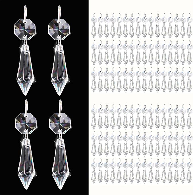 100PCS Premium Clear Crystal Glass Drops 2.4" - Multi-Purpose Hanging Prisms Bulk for Holiday Party/Home/Window Decoration/Chandelier Replacement Parts