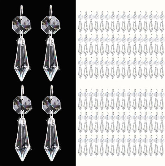 100PCS Premium Clear Crystal Glass Drops 2.4" - Multi-Purpose Hanging Prisms Bulk for Holiday Party/Home/Window Decoration/Chandelier Replacement Parts