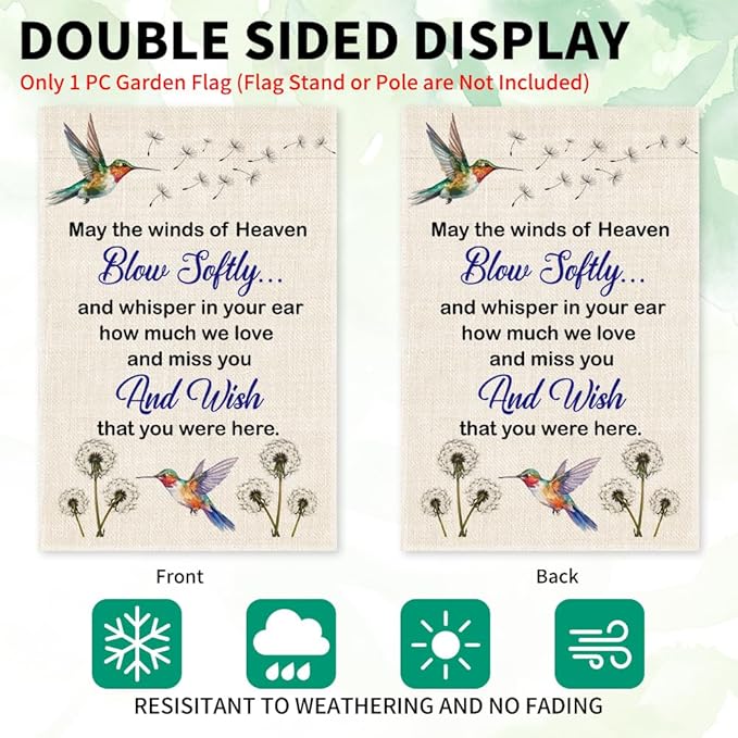 May The Winds Of Heaven Blow Solftly Garden Flag, Double Sided Farmhouse Outdoor Decor Yard Flag Gifts, Hummingbird Dandelion Memorial Garden Décor Gifts, Remembrance Sympathy House Flags