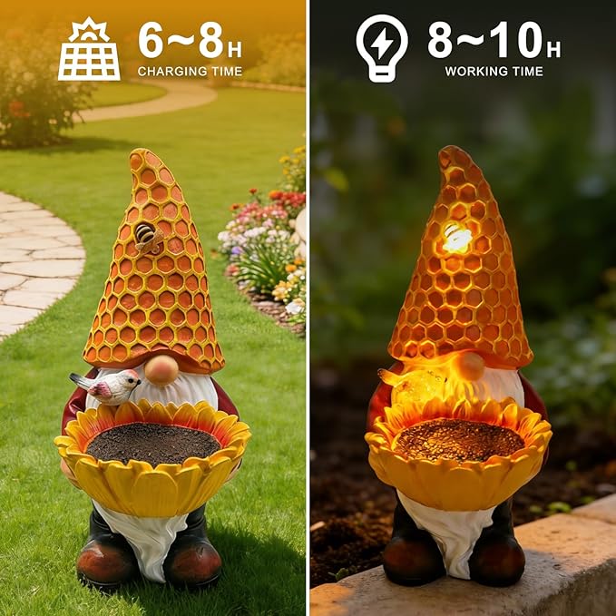 Sunflower Gnome Statue with Solar LED Lights, Solar Powered Garden Gnome for Outdoor Decor, Auto On/Off Waterproof Yard, Patio, Lawn Ornament, Unique Gift for Mother’s Day & Housewarming