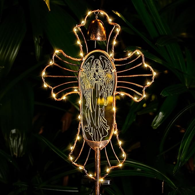 Solar Lights Garden Backyard Decor Outdoor,Angel Figurine Waterproof Light Cross Stake,Housewarming Yard Patio Pathway Lawn Ornaments Ideas for Gardening Mother Grandma